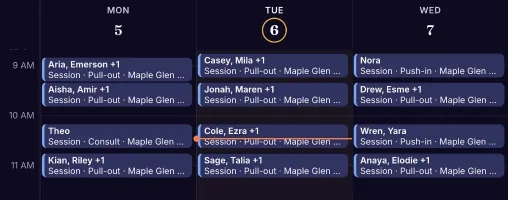 Parker Navarro's week in the PULSE provider calendar, Monday October 5 to Wednesday October 7, 2026, 9 AM to noon: four speech-language sessions a day, each naming the students, whether it is pull-out, push-in or consult, and the Maple Glen school.